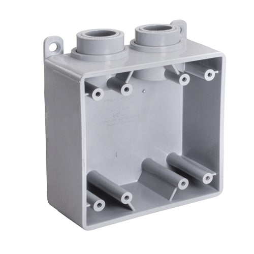 Gray PVC 2-Gang Weatherproof Electrical Box with Two Top Conduit Entries – Surface Mount