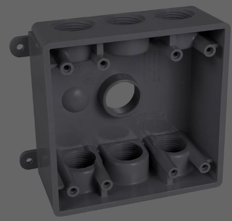 PDBD77550WH  2-Gang Deep Outlet Box, Seven Threaded Outlets; Three 1/2" or 3/4" Holes  PVC