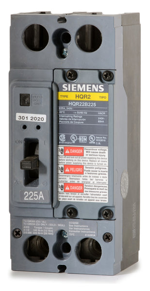 HQR22B225 SIEMENS LOW VOLTAGE MOLDED CASE CIRCUIT BREAKER WITH THERMAL - MAGNETIC TRIP. QR FRAME STANDARD 40C BREAKER. 225A 2-POLE (65KA AT 240V). SPECIAL FEATURES: NO LUGS INSTALLED.