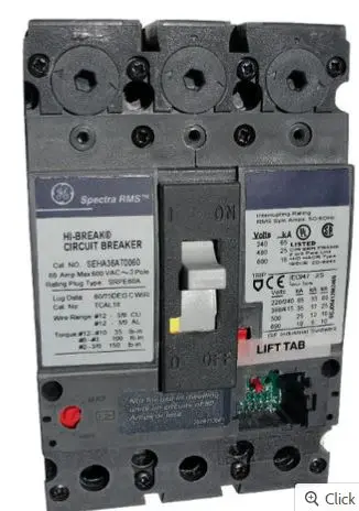 SEHA36AT0100  BREAKER  G/E SE150 Frame Style, Molded Case Circuit Breaker, Thermal Magnetic Non-interchangeable Trip Unit, 100 Ampere Maximum at 40 Degree Celsius, 3 Pole, 600VAC @ 50/60HZ, Interrupting Ratings: 65 Kiloampere @ 240V AC, 25 Kiloampere @ 480V AC,