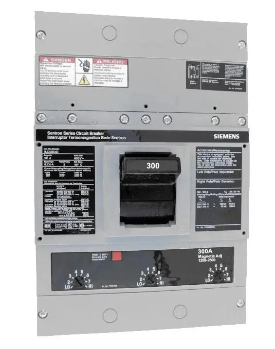 HJD63B300  BREAKER 3P 300A SIEMENS  300 Ampere at 40 Degree Celsius, 3 Pole, 240V AC, 480V AC, and 600V AC @ 50/60 HZ, Interrupting Ratings: 100 Kiloampere @