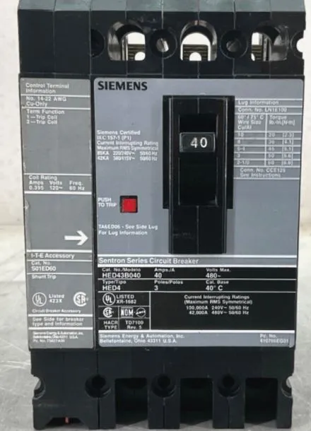 HED43B040  BREAKER 3P 40A 480V SIEMENS SIEMENS HED43B040 CIRCUIT BREAKER 40 A 3P 480V SO1ED60 SHUNT TRIP