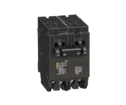 HOMT2020240  BREAKER  Tandem mini circuit breaker, Homeline, 2 x 1 pole at 20A, 1 x 2 pole at 40A, 120/240 VAC, 10 kA AIR, plug in mount SQUARE D 