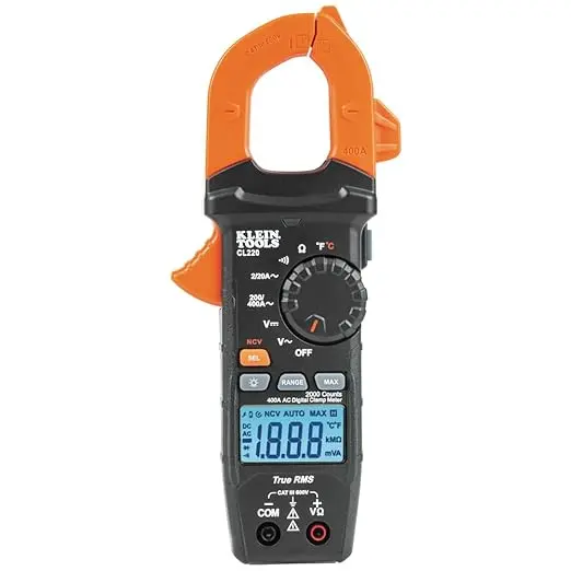 CL220  Klein Tools  Medidor de abrazadera digital, rango automático de 400 amperios de CA, voltaje CA/CC, TRMS, resistencia, continuidad, detección NCVT y temperatura