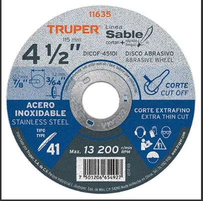 11635  DISCO ABRASIVO PARA STAINLESS STEEL      4-1/2" DIAMETER  type 1, metal cutting disc EJE 7/8'' 