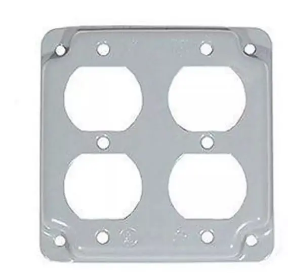 11411   4" Square Box Cover, 1/2" Raised, (2) Duplex Receptacles, Steel
