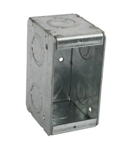 MSB-1   Single Gang Masonry Box, 16.5 Cubic Inches, 3-3/4 Inches Long x 1-7/8 Inches Wide x 2-1/2 Inches Deep, 1/2 Inch and 3/4 Inch Concentric Knockouts, Galvanized Steel, Welded Construction, For use with Conduit BOX