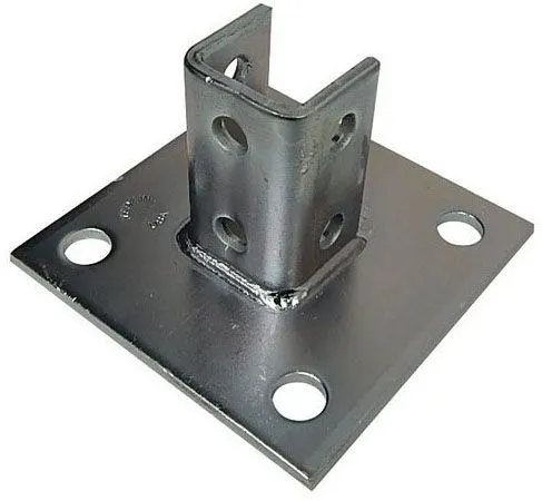 17454  Square Fence Post Base with 4 holes. Secures strut assembly to floor or other surface Side Orientation 4 Mounting Holes 6" x 6" Base Galvanized Steel