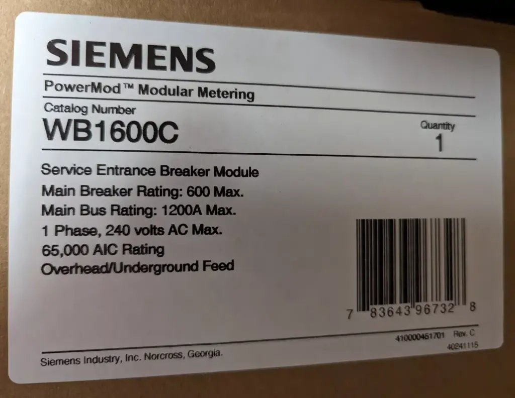 WB1600C POWMOD.CB.600A.1PH.3R.65K SIEMENS