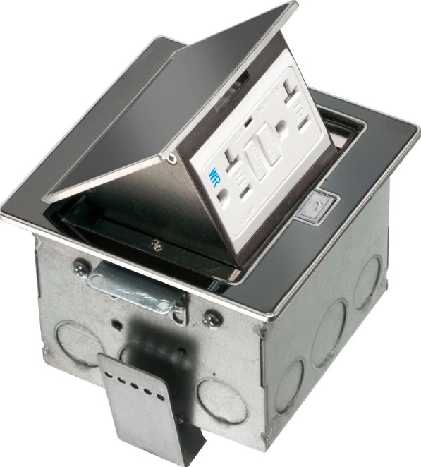 FLBT4400GSS  Square Stainless steel counter top box. Comes with a 20 amp tamper resistant decorator style GFCI receptacle ARLINGTON