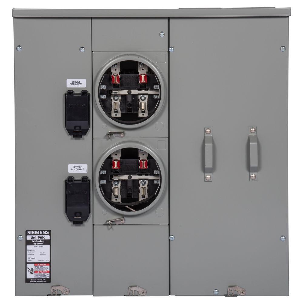 [WP4212RJ] WP4212RJ  UNI-PAK Siemens Low Voltage's Multi-Family Metering Line of PAK Metering: Standard 225A as part of the PAK Metering: Standard 225A Group. Type: UNI-PAK Features: NO BYPASS Appn: GARDEN - STYLE Std: UL-50,67,414 V. Rating: 120/240V A. Rating: 400A Phase: 1PH Size: 9.00 x 28.79 x 30.630 No. Of Cutouts: 11 Cutout Size: 1 x (1/2,3/4,1,1-1/4"), 6 x (2-1/2,2,1-1/2,1-1/4,1"), 2 x (4,3-1/2,3,2-1/2,2"), 2X4" Cable Entry: TOP OR BOTTOM FEED Terminal: 3X2 STUDS. Insulated.Appn:. Wall Mounted. Enclosure: RINGLESS