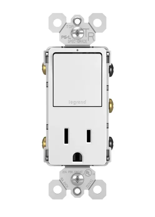RCD38TRW  radiant® Single Pole/3-Way Switch with 15A Tamper-Resistant Outlet, White