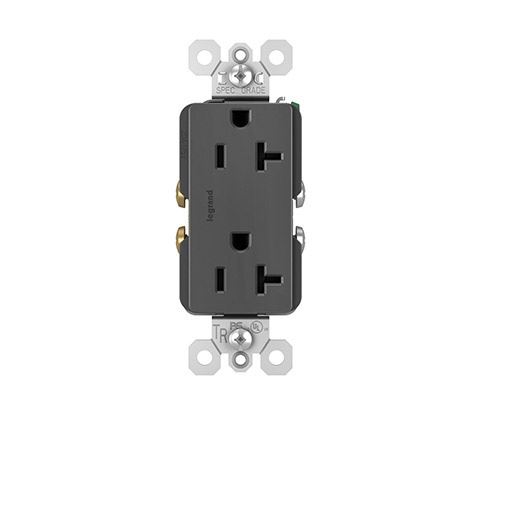 TR26352BK Duplex Tamper-Resistant Straight Blade Receptacle, 125 VAC, 20 A, 2 Poles, 3 Wires, Black