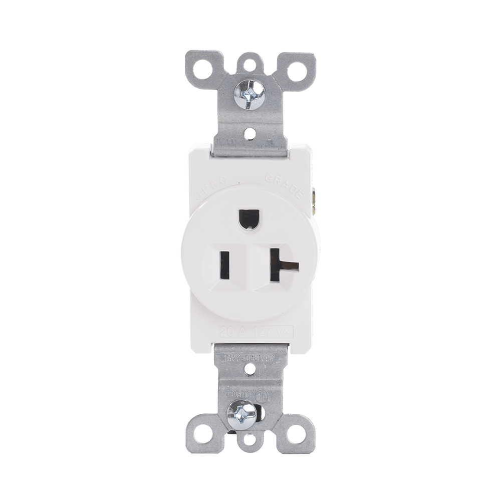 TAN-102W Single Receptacle Outlet, Commercial Grade, 20 Amp/125 Volt, NEMA 5-20R - White