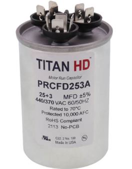 PRCFD253A  TITAN HD 25/3MFD, 440/370V, ROUND CAPACITOR