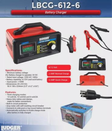  LBCG-612-6   CARGADOR BATERIA Ludger Battery Charger  12 Volts, Heavy-duty Cables and Clamps, Circuit Protection, Regular and AGM Battery Type, LED Screen, Automatic Charge, Cooling Fan, 3 Charging Modes, 120 AC/60 Hz