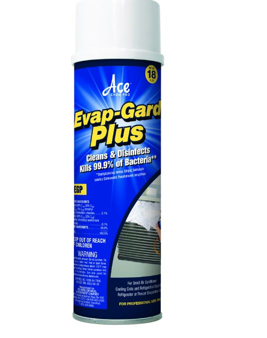 EGP-20   EVAP-GARD PLUS CLEANS & DISINFECTS KILL 99.9% OF BACTERIA Cooling Coils Disinfectant Cleaner: This product is a disinfectant cleaner for small air conditioner cooling coils and refrigeration equipment, refrigerator, or freezer evaporative coils. Prevents the growth of mold and mildew