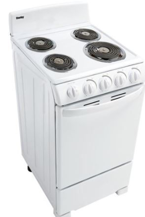 DER202W Danby  20" Electric Range, Coil Elements, Push & Turn Safety Knobs, Manual Clean - White