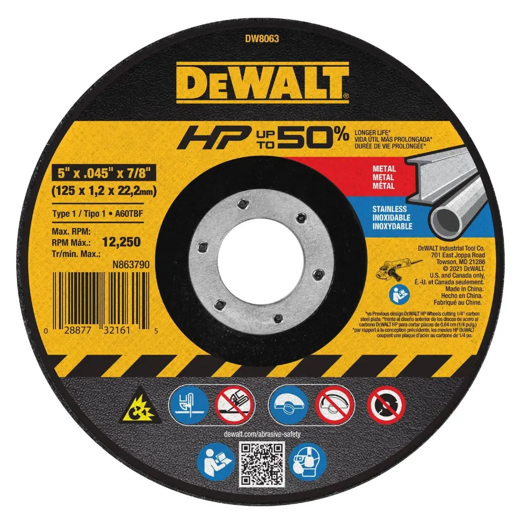 DW8063 DEWALT HP 5" X .045" X 7/8" METAL CUTTING WHEEL