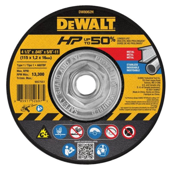 DW8062H DEWALT HP 4-1/2" X .045" X 5/8" METAL CUTTING WHEEL