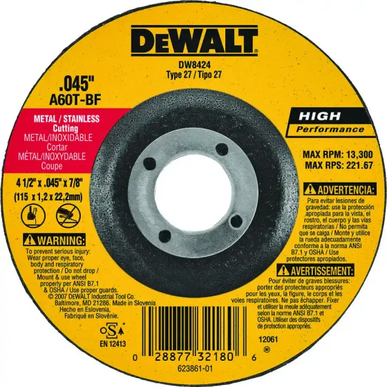 DW8424 DEWALT HP 4-1/2" X .045" X 7/8" METAL CUTTING WHEEL
