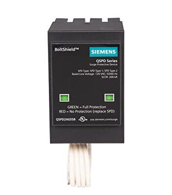 QSPD2A035B SIEMENS LOW VOLTAGE SURGE PROTECTION DEVICE (SPD). PLUG- ON SPD MODULE FOR LOAD CENTER WITH 2-POLE Q FRAME MAIN CIRCUIT BREAKERS. SUITABLE FOR 120/240V 1-PHASE 3-WIRE VOLTAGE SYSTEMS. 35kA PER PHASE SURGE CAPABILITY. SPECIAL FEATURES: BASE MODEL (NO LED / NO AUDIBLE ALARM)