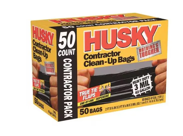 HK42WC050B  HUSKY  BOLSAS  42 gal Trash Bags, 2 ft 8 3/4 in x 3 ft 9 1/8, Heavy-Duty Contractor, 3 mil, Black, 50 PK