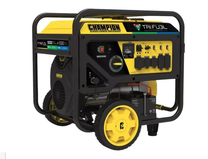 201161 12,000W Electric Start Tri Fuel Generator with CO Shield  What’s included Engine Oil Oil Funnel Propane (LPG) Hose Natural Gas Hose with NPT Adapter Wheel Kit Battery CHAMPION