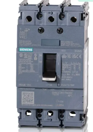 3VA5112-4ED36-0AA0 SIEMENS LOW VOLTAGE 3VA UL MOLDED CASE CIRCUIT BREAKER WITH THERMAL - MAGNETIC TRIP UNIT. 3VA51 FRAME WITH STANDARD (CLASS S) BREAKING CAPACITY. 125A 3-POLE (14KAIC AT 600Y/347) (25KAIC AT 480V). TM210 TRIP UNIT WITH FIXED Ir FIXED Ii. SPECIAL FEATURES: CONNECTION WITH ALUMINUM LUG. DIMENSIONS (W x H x D) IN: 3 x 5.5 x 3.7.