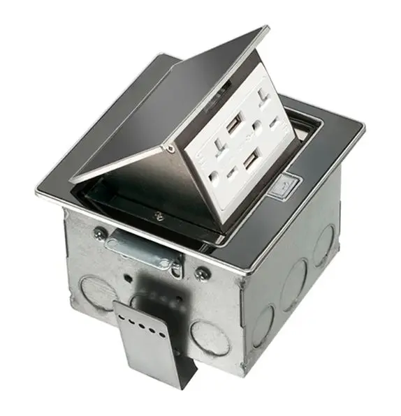 FLBT4400UBL  20A TR WITH 2-USB PORT RECEPTACLE RECEPTACLE BLACK STAINLES STEEL TRAPDOOR COVER ARLINGTON BOX