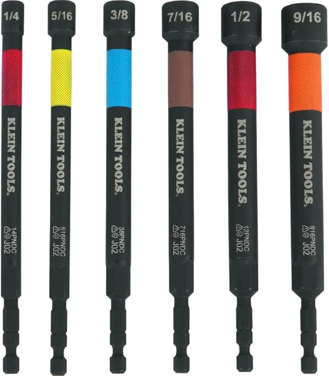 32930 Juego de tuercas de impacto magnéticas, 6 piezas codificadas por colores con alcance extendido, 6 tamaños SAE Visita la tienda de Klein Tools
