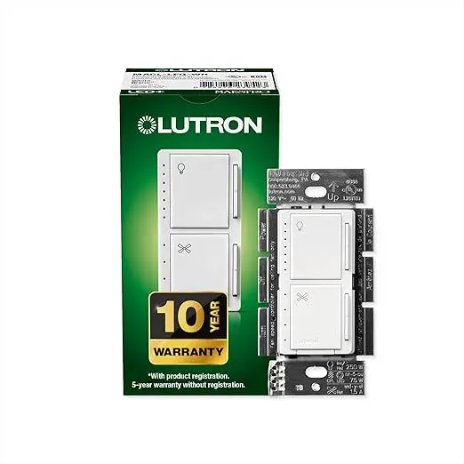 MACL-LFQH-WH Lutron Maestro - Control de ventilador y atenuador de luz para bombillas LED regulables, incandescentes y halógenas, monopolo, MACL-LFQ-WH, color blanco