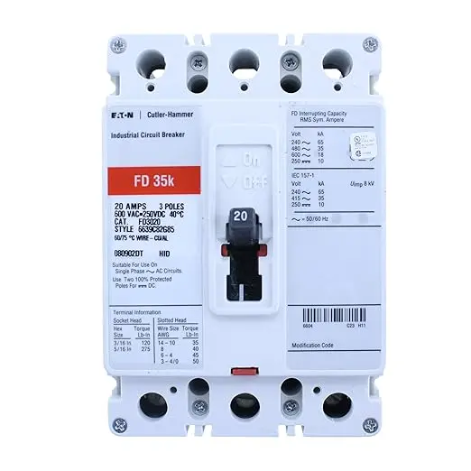 FD3020 Cutler-Hammer Disyuntor FD3020 6639G82G85, 3 polos, 20 AMP, 600V 35K EATON