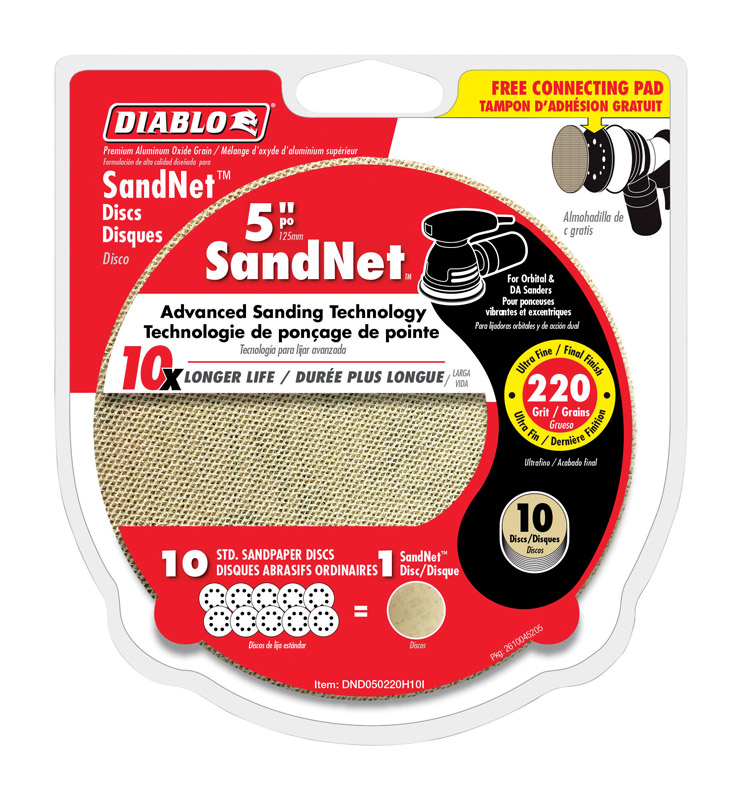 Diablo SandNet Reusable Sanding Discs with Connection Pad for Wood, Metal and Plastics - 5", 220 Grit, Ultra Fine, Ceramic Blend, 10-Pack - DND050220H10I