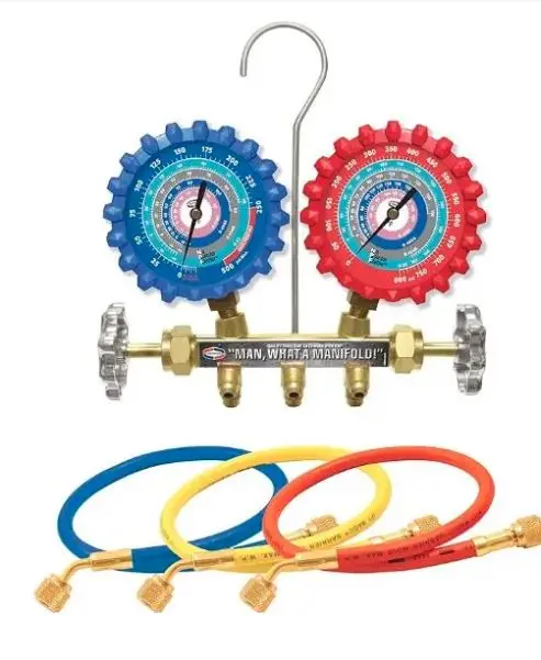 A2LM3H  A2L 2-V BRASS MANIFOLD WITH 3-1/8" NPF® GAUGES (R-32/R-454B/R-448A/R 410A) AND 3 FT. HOSES UNIWELD RELOJ