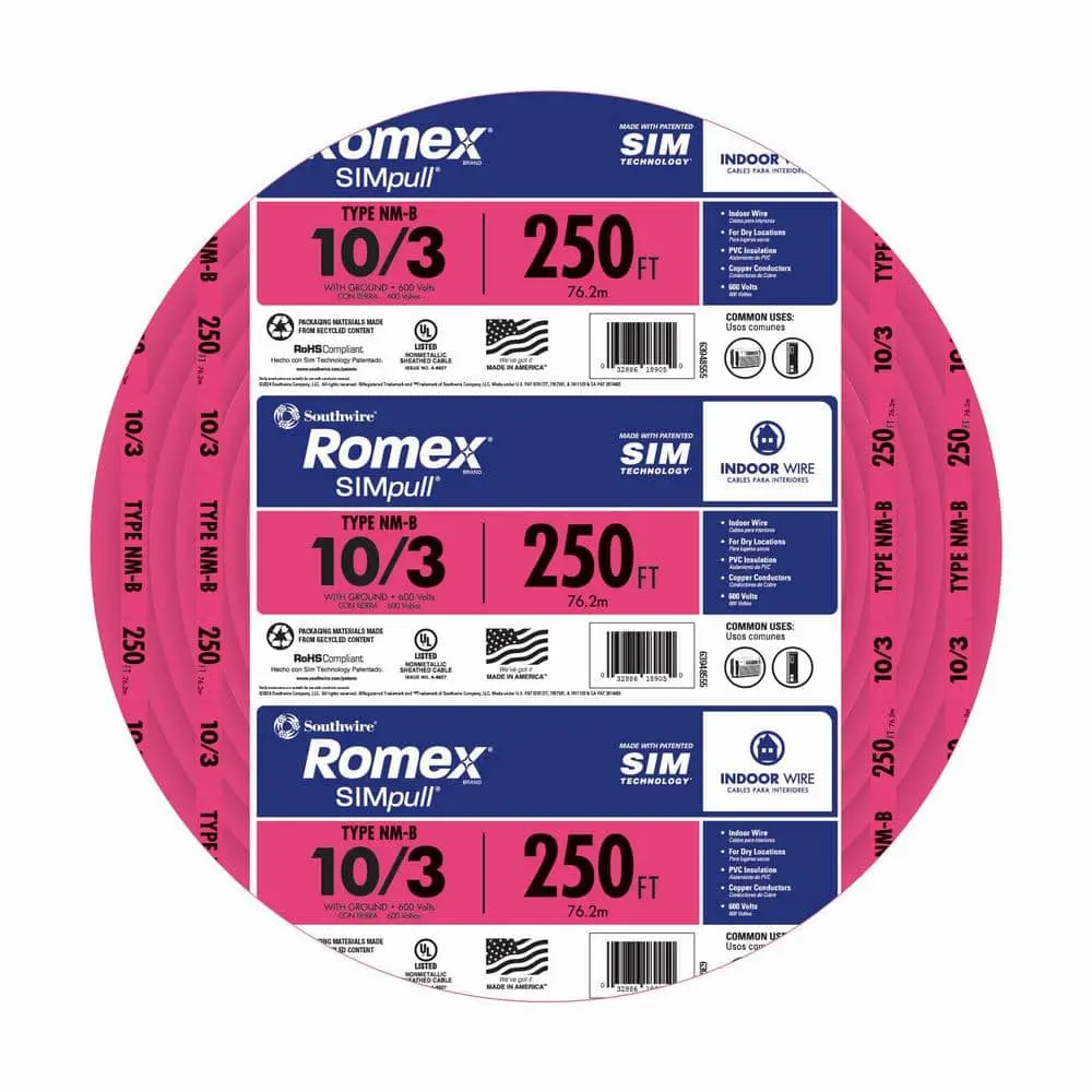 [ROMEX10/3ROLLO] ROMEX10/3ROLLO NM-B Electrical Wire – 10 AWG 3 Conductors with Ground, 250 ft Coil-