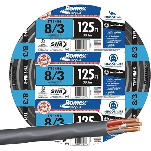 [ROMEX8/3ROLLO] NM-B Electrical Wire – 8 AWG 3 Conductors with Ground, 125 ft Coil-