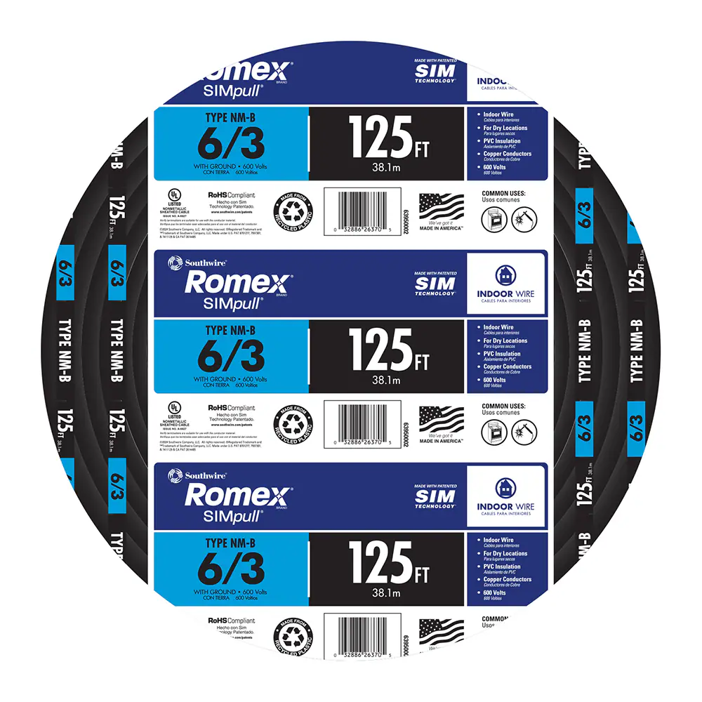 [ROMEX6/3ROLLO] NM-B Electrical Wire – 6 AWG 3 Conductors with Ground, 125 ft Coil-
