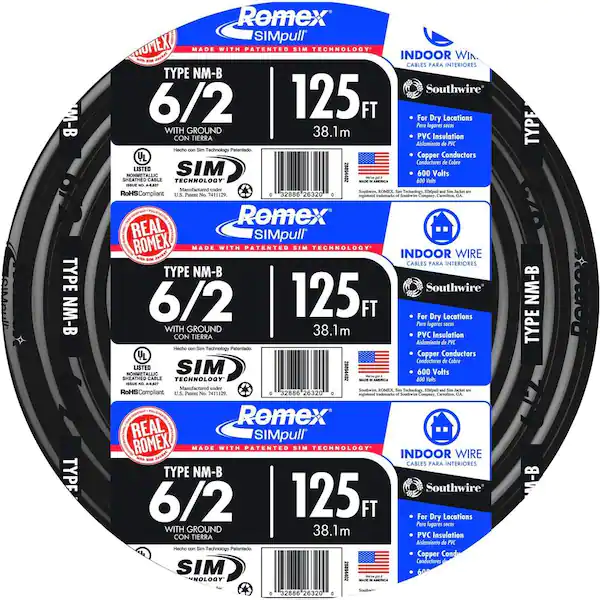 [ROMEX6/2ROLLO] ROMEX6/2ROLLO NM-B Electrical Wire – 6 AWG 2 Conductors with Ground, 125 ft Coil-
