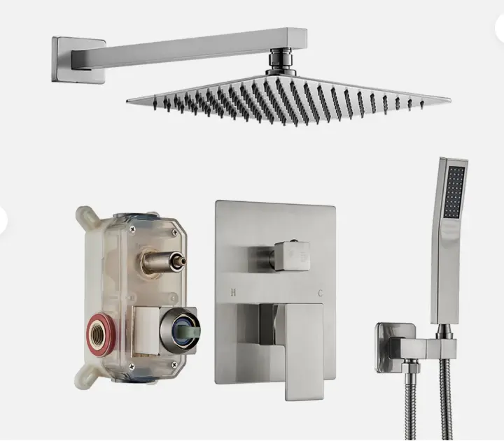 Square Shower Set with Valve, Brushed Nickel-