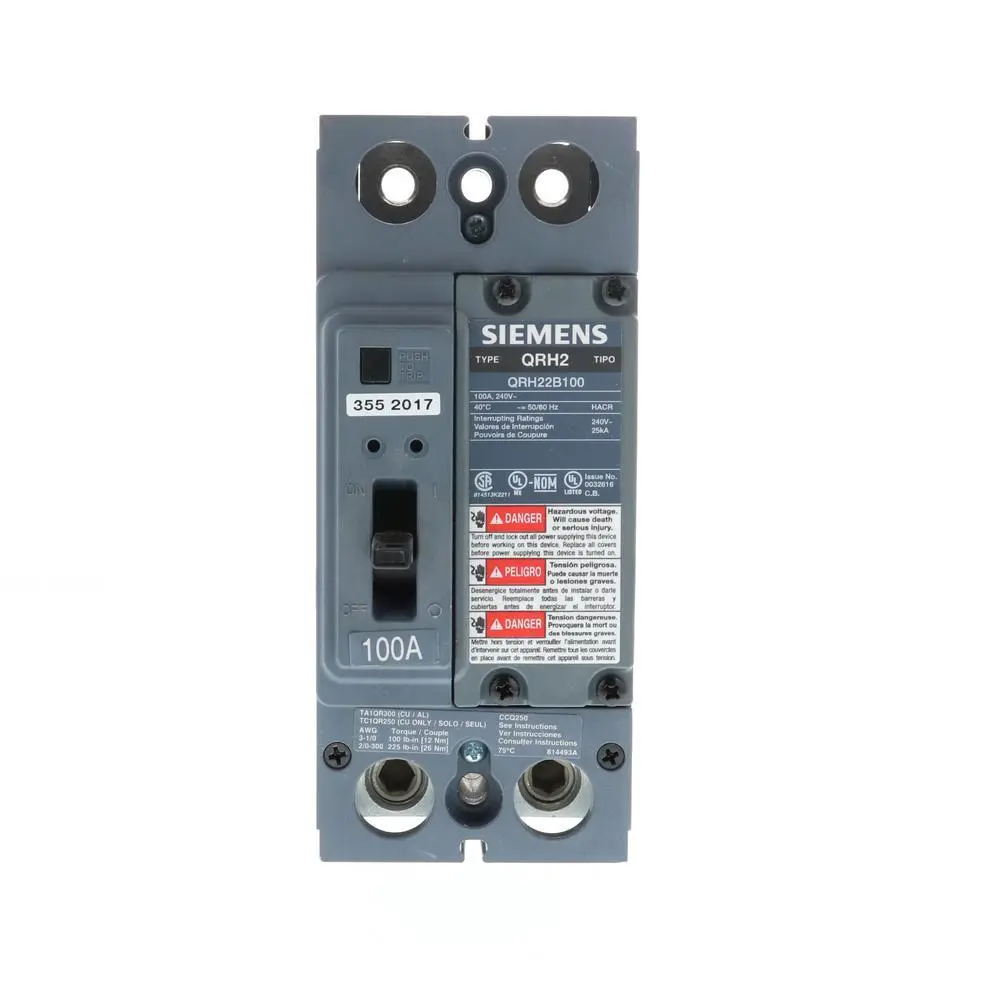 2-Pole 100A Molded Case Circuit Breaker – 240V – 25kAIC – Siemens (QRH22B100)