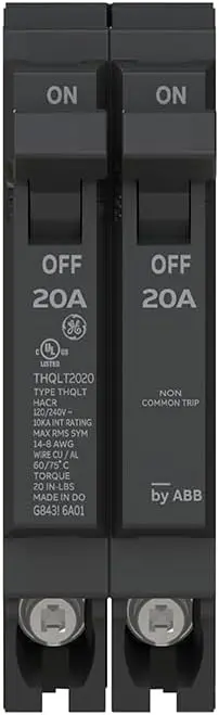 THQLT2020 ABB Tandem 20A/20A GE THQL CB ABB Q-Line THQLT2020 Disyuntor de Circuito en Tándem • Disyuntor de Circuito Dual 20A/1P y 20A/1P para Ranura Individual • 120/240V, 10 kAIC • Montaje Enchufable • para Uso Residencial y Comercial