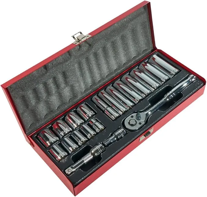 65508 Klein Tools  juego de llaves de enchufe de transmisión de 3/8 pulgadas con enchufes de 6 puntos, 12 puntos y 6 puntos profundos en tamaños SAE, estuche incluido, 20 piezas