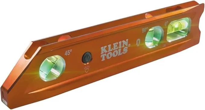 [935RBLT] 935RBLT Klein Tools Nivel 935RBLT, nivel de torpedo iluminado de 9 pulgadas con imán, viales de 0/45/90 grados y ranura en V, resistente al agua y a los impactos, alta visibilidad