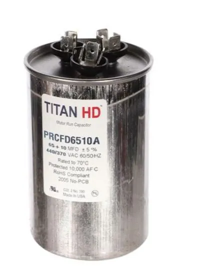 PRCFD6510A  65+10MFD RUN CAPACITOR , 440/370V, ROUND Titan HD