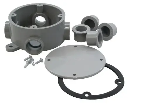 [5133690] 5133690    Weatherproof Box, Round, (4) 1/2" - 3/4" Outlets Deep, Non-Metallic PVC