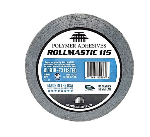 [RMAS-001 ROLLMASTIC115] RMAS-001   ROLLMASTIC 115  3''x 33.2  UL181B-FX Listed For use indoors and out Butyl rubber adhesive creates leak proof, mold resistant seal.