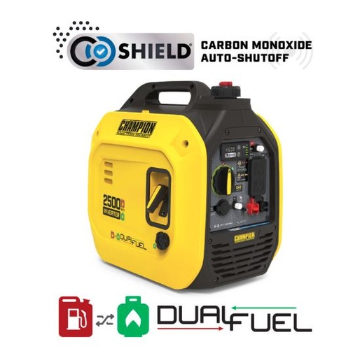 [201323] 201323  2500W Dual Fuel Inverter with CO Shield® GENERATOR CHAMPION Specifications Portable Generator Technology	Dual Fuel, CO Shield® Gasoline Starting Watts	2500W Gasoline Running Watts 1850W Propane Starting 2500W Propane Running Watts Gasoline Running Amps at 120V	15.4A Propane Starting Amps at 120V	20.8A Propane Running Amps at 120V		Intelligauge with Power Meter Automatic Voltage 	10W-30 Engine Oil Included	