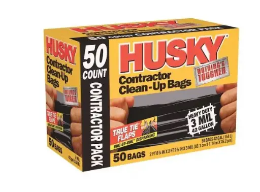 [HUSKY] HK42WC050B  HUSKY  BOLSAS  42 gal Trash Bags, 2 ft 8 3/4 in x 3 ft 9 1/8, Heavy-Duty Contractor, 3 mil, Black, 50 PK