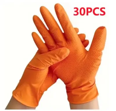 [3219] 3219   Heavy Duty Orange Nitrile Gloves 8Mil Industrial Disposable Gloves with Diamond Textured Grip for Mechanic Safety & Work Gloves